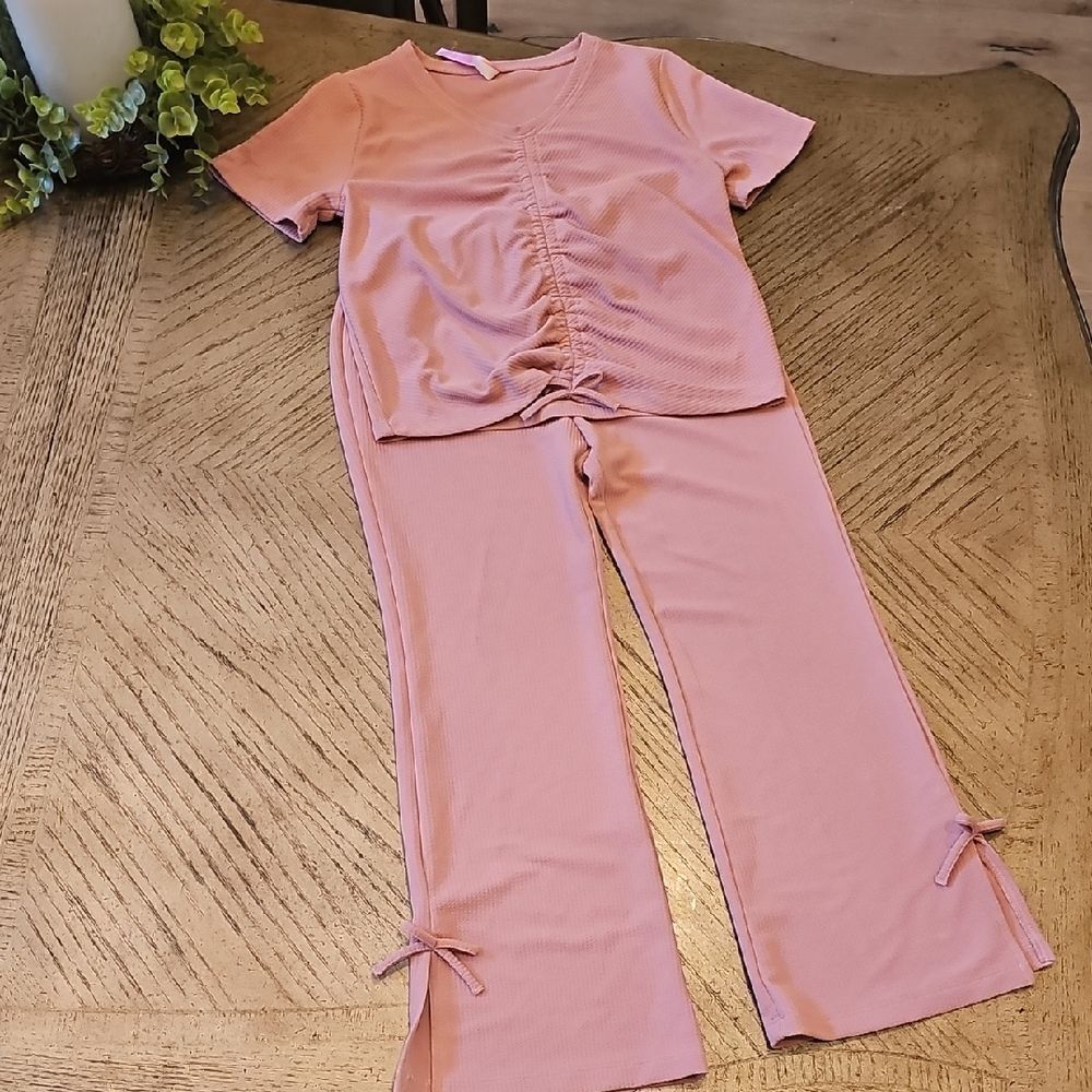 Pink Two-Piece Loungewear Set with Front Ruched Top Size S 6/7 New Never Worn